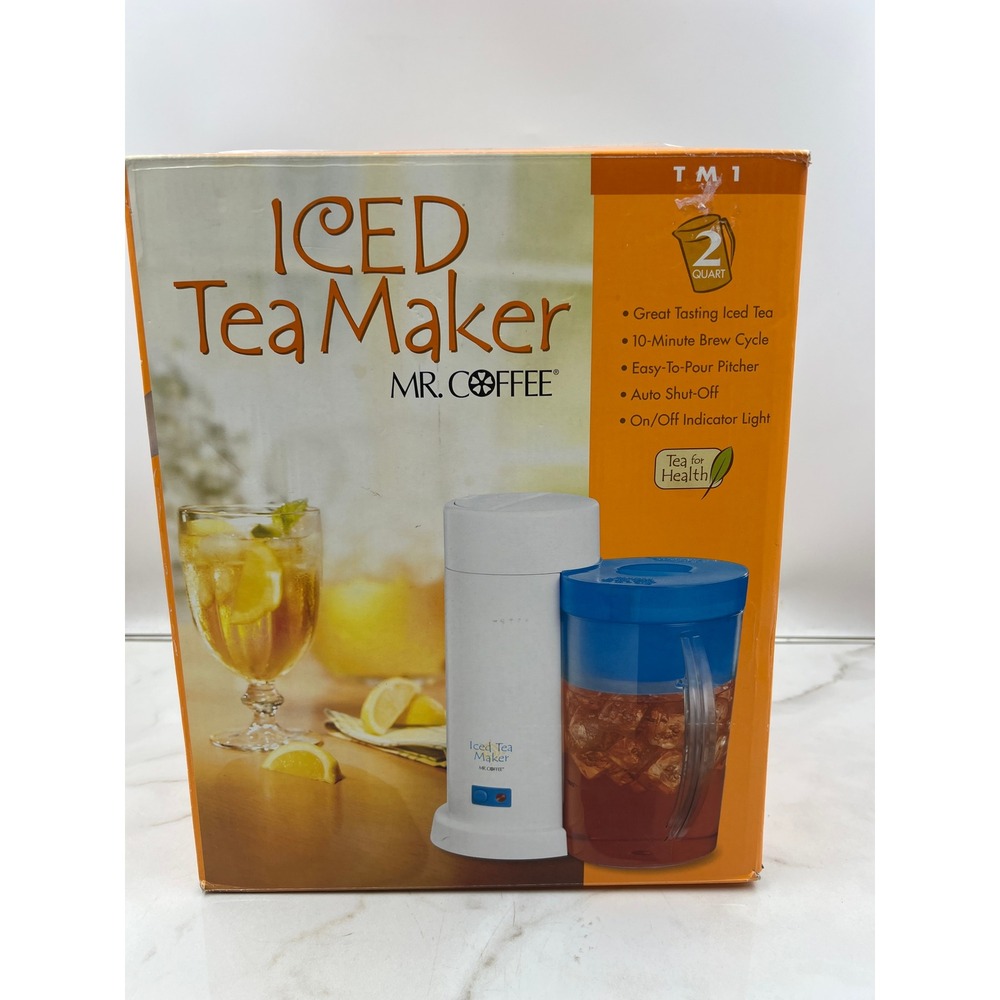 Mr. Coffee TM1 2-Quart Iced Tea Maker Electric Brewer White Blue Pitcher